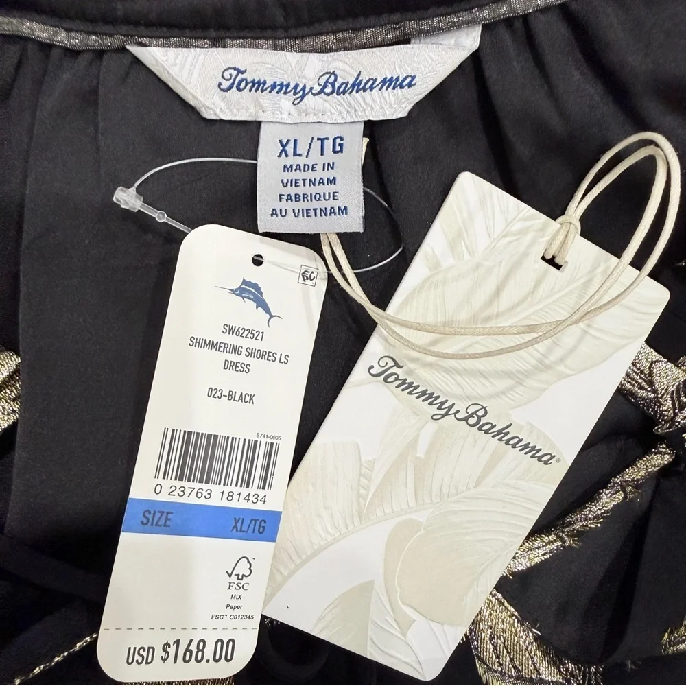 Tommy Bahama Shimmering Shores Long Sleeve Tiered Shift Dress Black Gold NWT